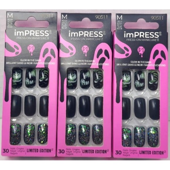 Glow In The Dark Halloween imPRESS Black PRESS ON NAILS Limited Edition LOT OF 3 - Picture 1 of 2